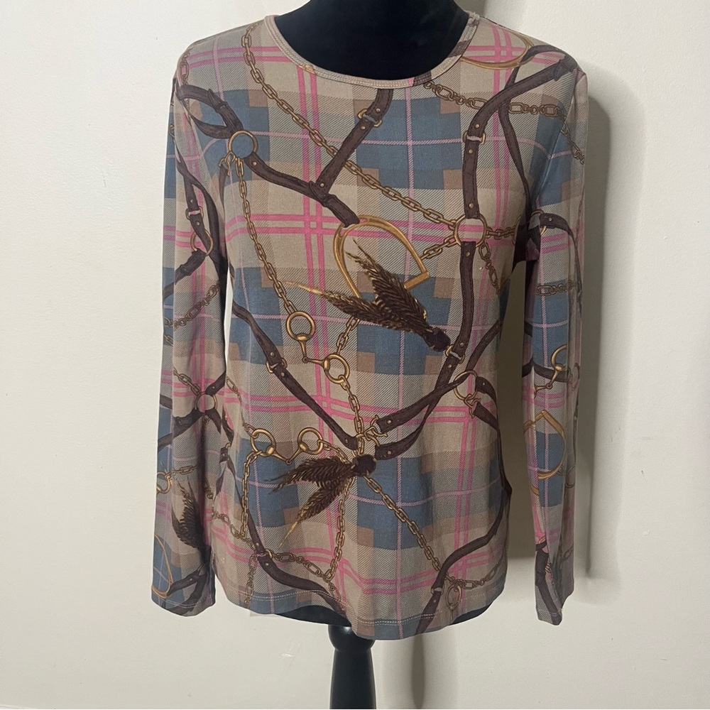 Ralph Lauren Women’s Brown Plaid Equestrian Belt Crewneck Long Sleeve T~Shirt PL